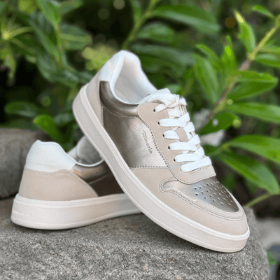 Womens Tamaris 23763 Beige with Gold Perforated Toe Trainers - Gold Comb
