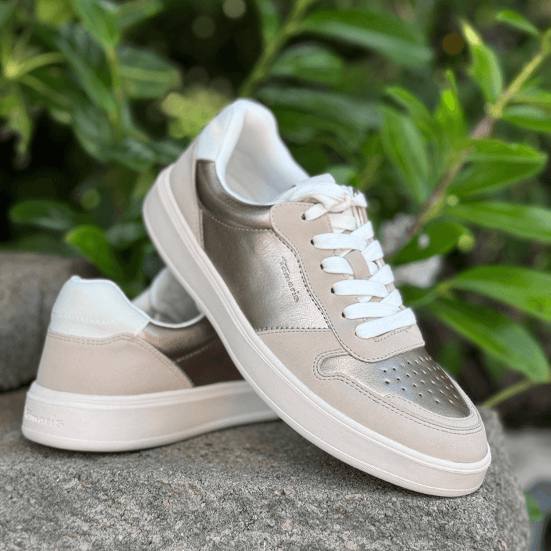 Womens Tamaris 23763 Beige with Gold Perforated Toe Trainers - Gold Comb