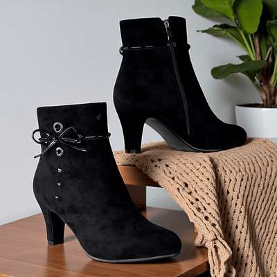 Womens Redz D6032 Black Faux Suede Heeled Boots - Black Suede