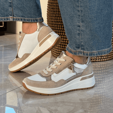 Womens Ara Garda White Beige and Gold Side Zip Wedge Trainers - White Beige and Gold