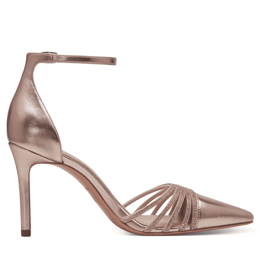 Womens Tamaris Metallic Rose Gold Diamante Closed Toe High Heels