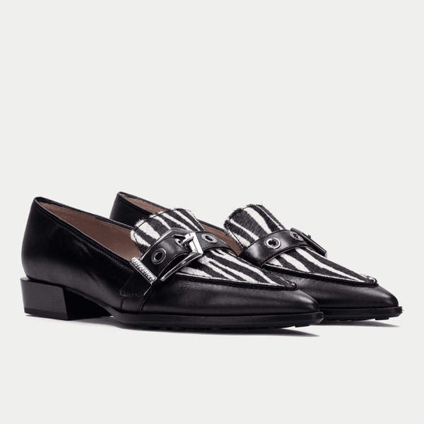 Womens Hispanitas 254262 Black with Zebra Pointed Toe Loafers - Turin