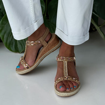 Womens Susst Krystal T-Bar Wedge Sandals - Camel