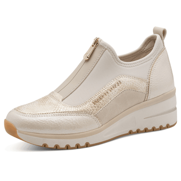 Womens Marco Tozzi 24780 Cream and Gold Zip Front Wedge Trainers - Cream Combi