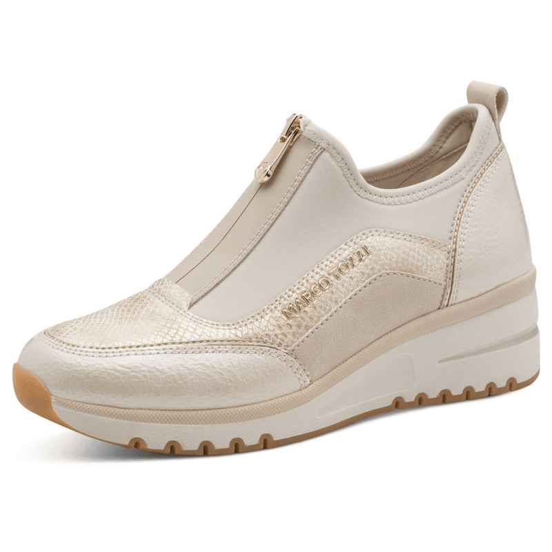 Womens Marco Tozzi 24780 Cream and Gold Zip Front Wedge Trainers - Cream Combi