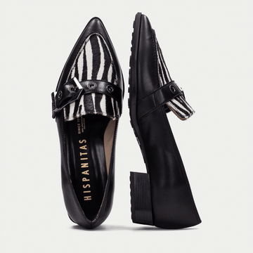 Womens Hispanitas 254262 Black with Zebra Pointed Toe Loafers - Turin