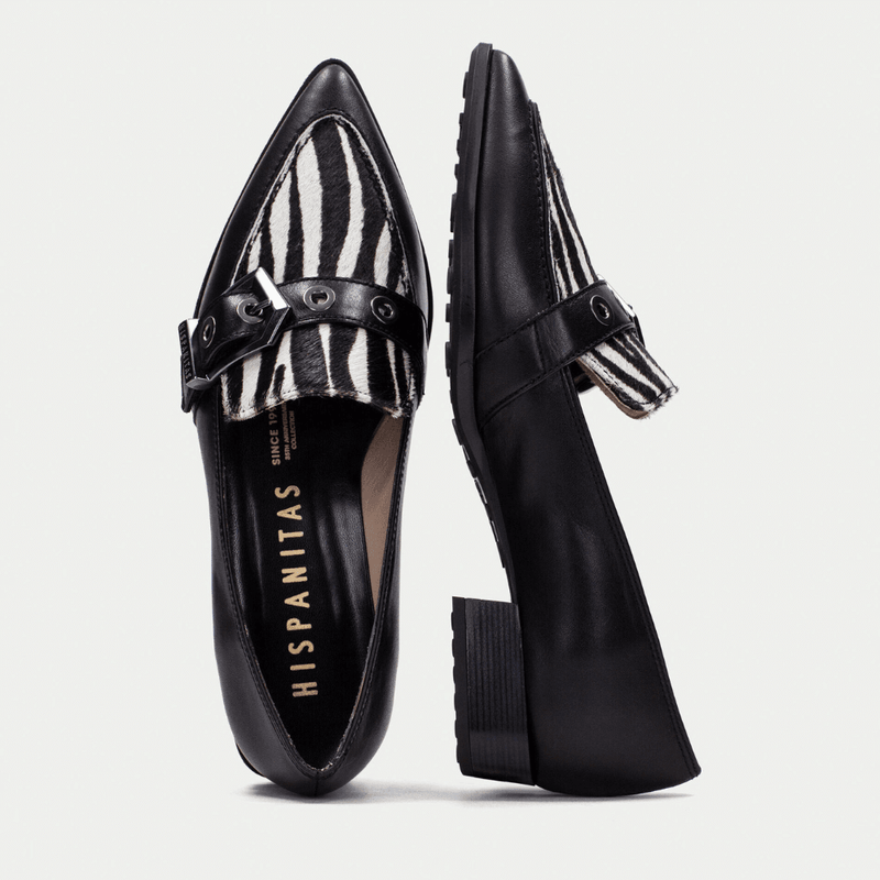 Womens Hispanitas 254262 Black with Zebra Pointed Toe Loafers - Turin