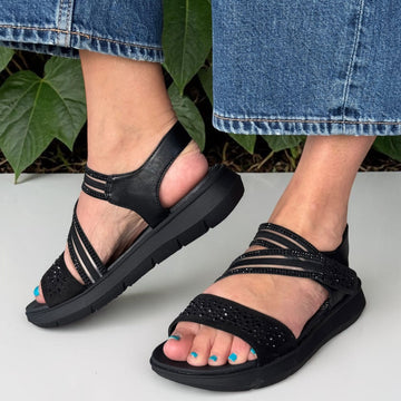Womens Jana 28771 Diamante Diagonal Strap Comfort Sandals - Black