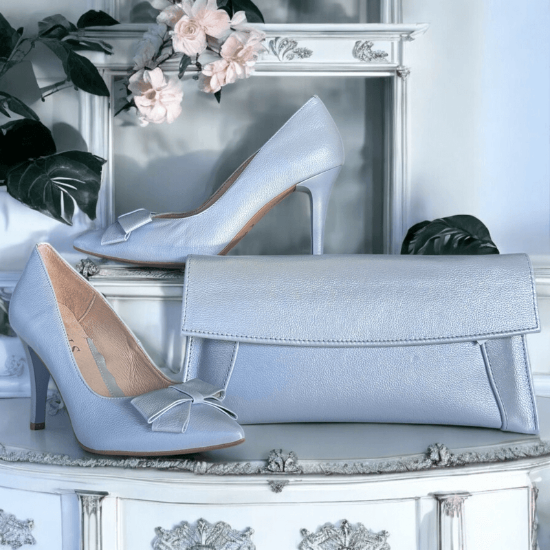 Womens Emis S7686 Pearl Blue Bow Front Court Heels - Blue