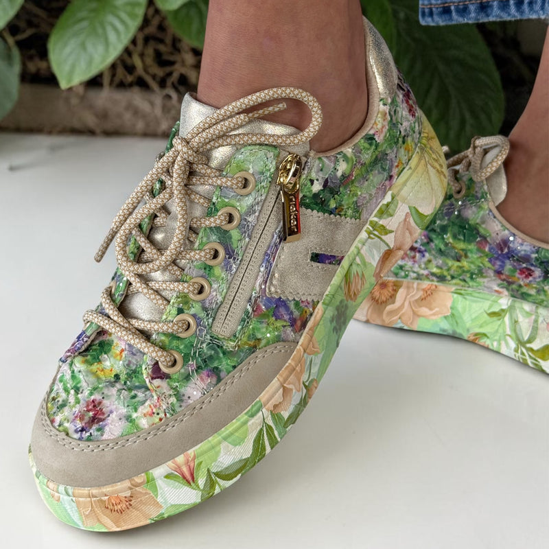 Womens Rieker M7711 Green Floral Print Side Zip Platform Trainers - Multi
