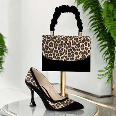 Womens Emis Ladies Pearl Ruffle Handle Box Clutchbag - Black Leopard