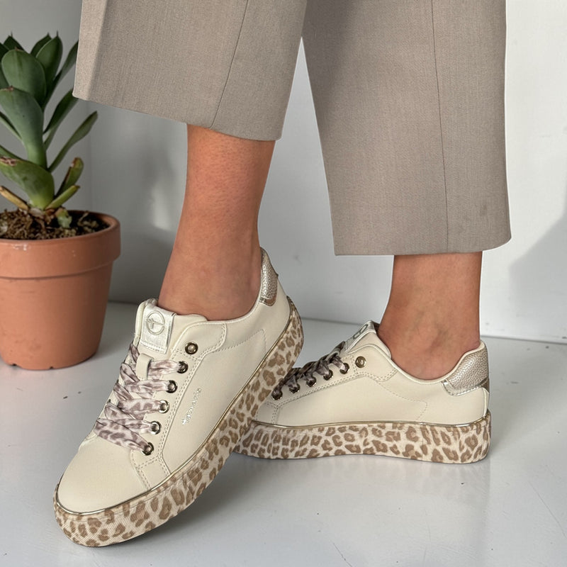 Womens Tamaris 23751 Off White with Leopard Sole Trainers - Off White