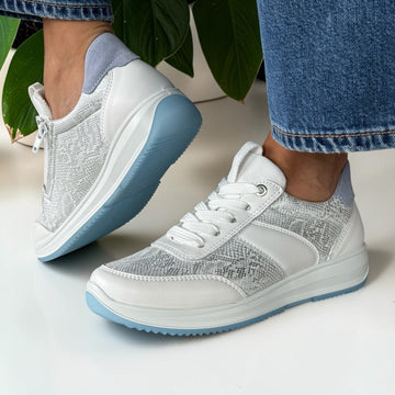 Womens Ara Osaka White and Silver Snake Print Inside Zip Trainers - White and Silver