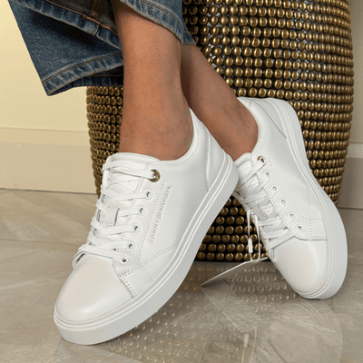 Womens Tommy Hilfiger Leather Metallic Logo Cupsole Trainers - White