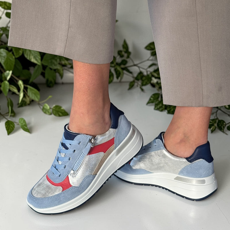 Womens ara 57702 Blue And Silver Garda Wedge Trainer with Zip and Lace - Blue And Silver