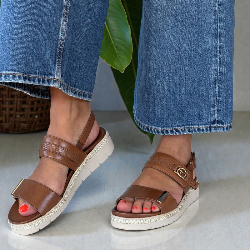 Womens Tamaris 28264 Cognac Leather Sandals - Cognac and Tan