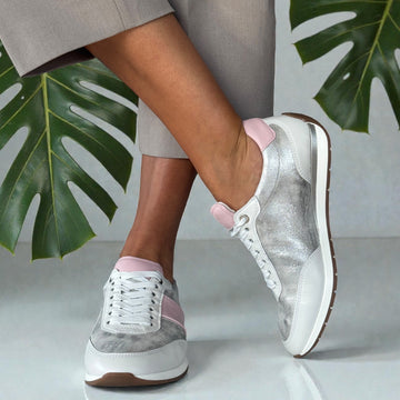 Womens Ara Portofino Dusty White Silver and Pink Lace Up Trainers - Dusty White and Pink