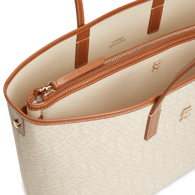 Womens Tommy Hilfiger Monogram Tote Bag and Pouch - Beige Mix