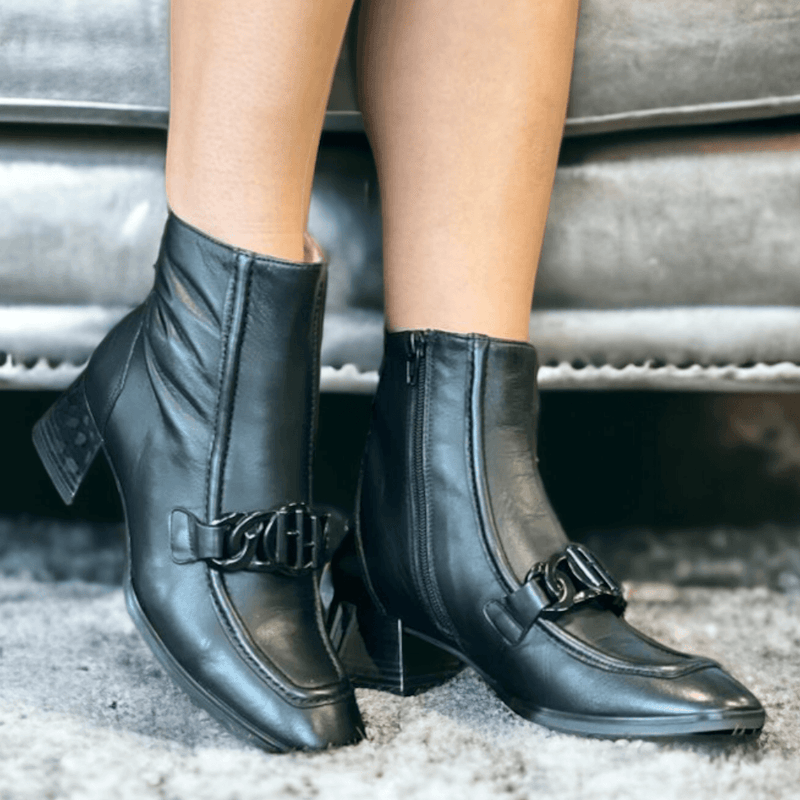 Womens Hispanitas Black Chain Front Block Heel Ankle Boots - Black