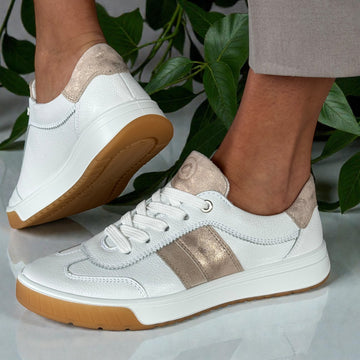 Womens Ara Rom White and Gold Leather Side Zip Trainers - White Gold