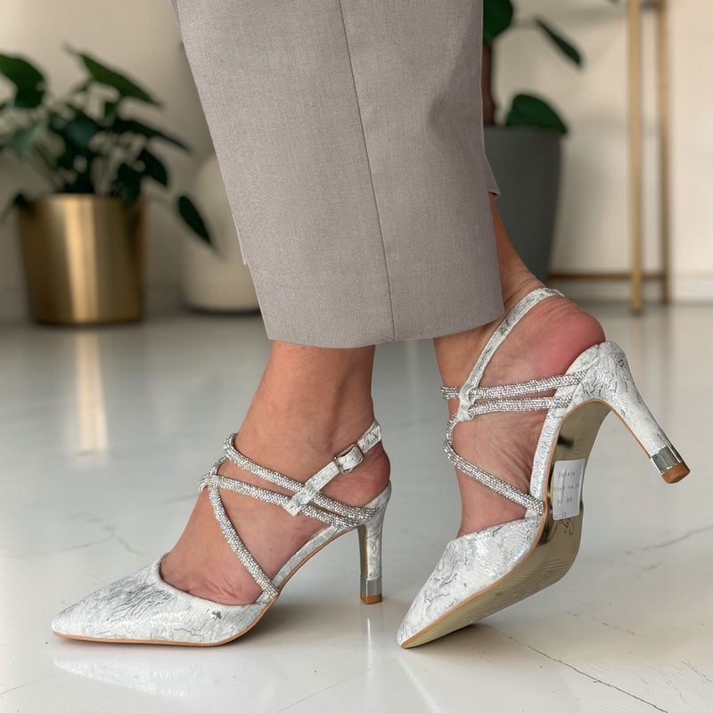 Womens Kate Appleby Hursley Criss Cross Diamante Strapped Heels - Chrome Silver Marble
