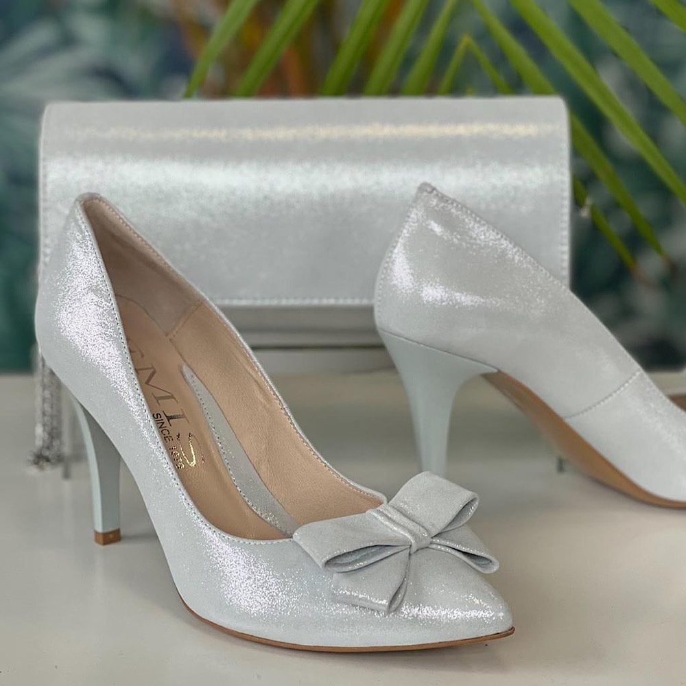 Womens Emis White and Silver Shimmer Bow Court Heels