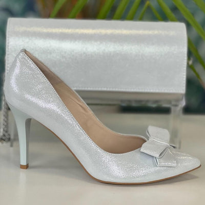 Womens Emis White and Silver Shimmer Bow Court Heels - White Silver