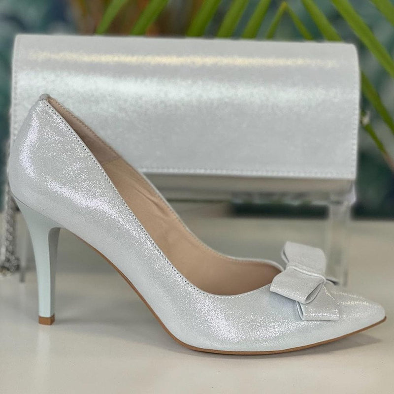 Womens Emis White and Silver Shimmer Bow Court Heels - White Silver