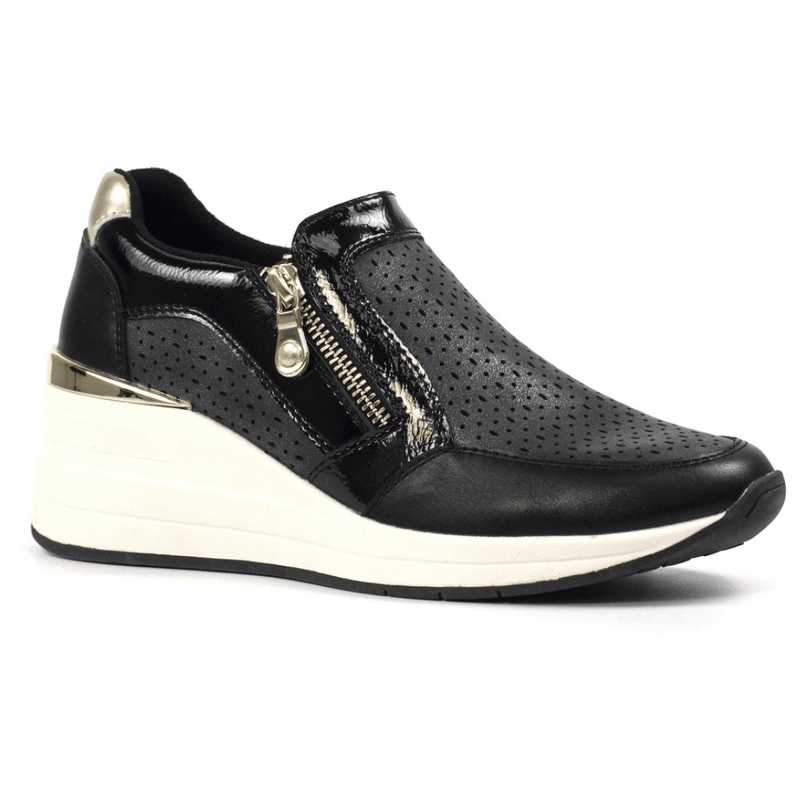 Womens Lunar Barcelona Black Lazered Wedge Trainers - Black