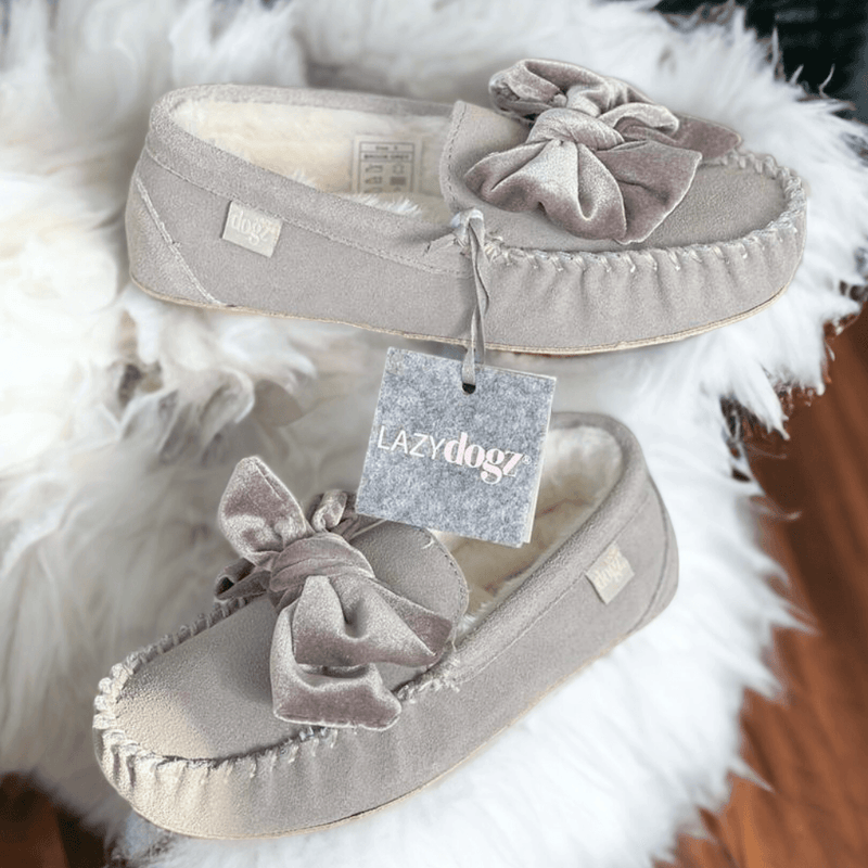 Womens Lazy Dogz Ladies Brook Velvet Bow Slippers - Grey