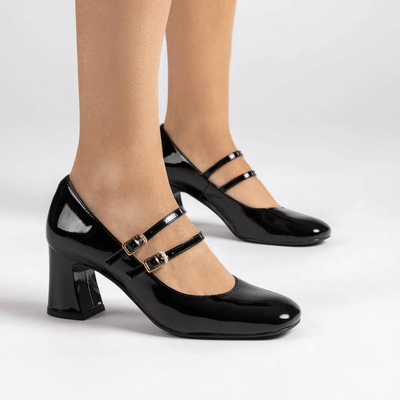 Womens Unisa Mount Black Patent Mary Jane 2 Strap Block Heeled Shoes - Black Patent