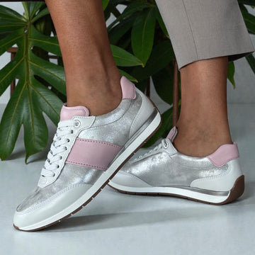 Womens Ara Portofino Dusty White Silver and Pink Lace Up Trainers - Dusty White and Pink