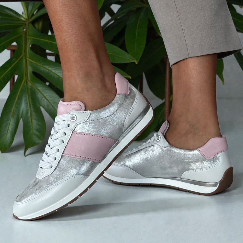 Womens Ara Portofino Dusty White Silver and Pink Lace Up Trainers - Dusty White and Pink
