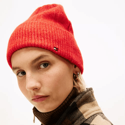 Womens Tommy Hilfiger Flag Fluffy Beanie Hat - Florence Orange