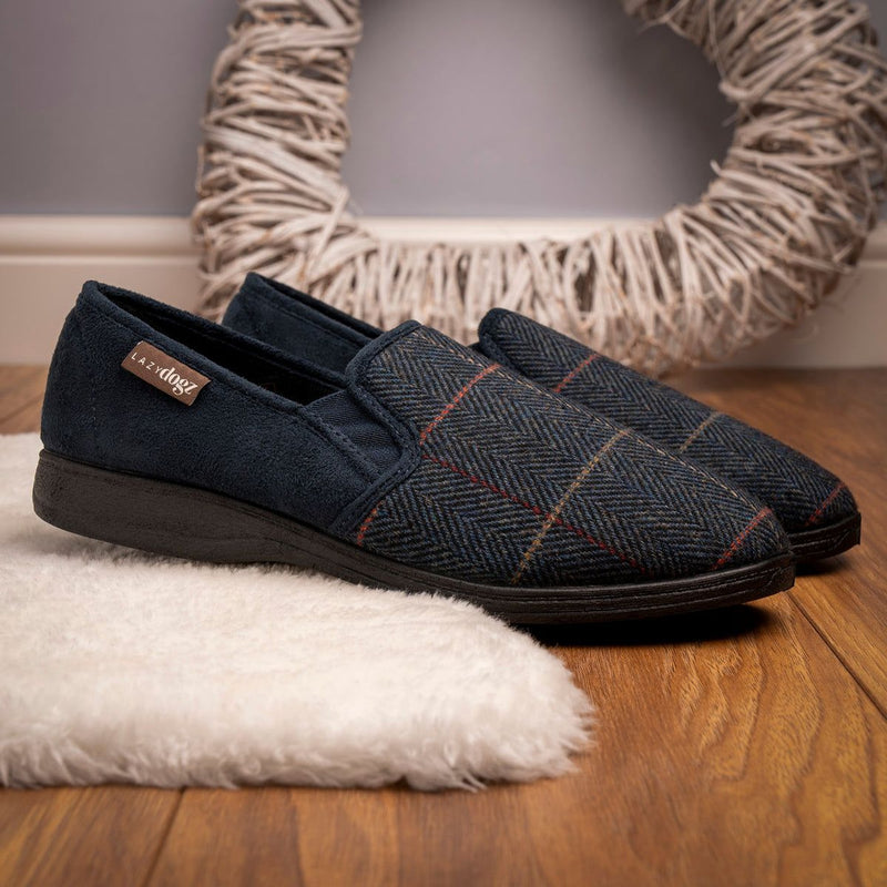 Mens Lazy Dogz Harrison II Tweed Slippers - Navy