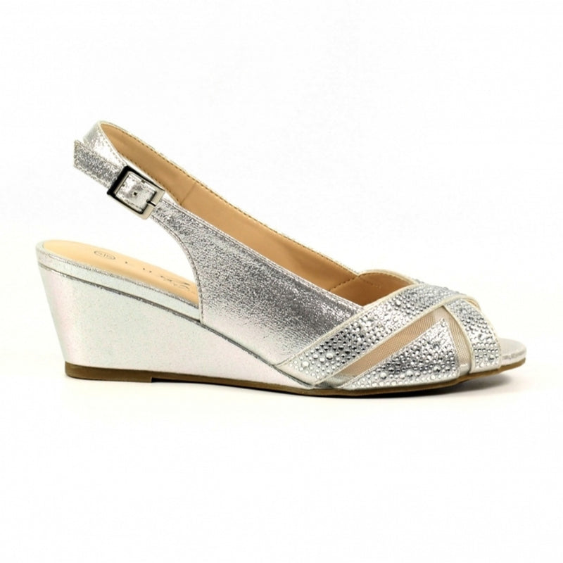 Womens Lunar FLR060 Heeled Emmerline Slingback Wedge Sandal - Silver