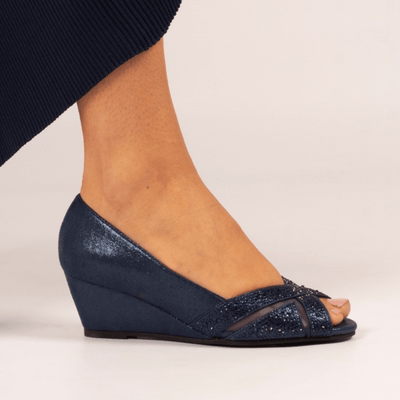Womens Lunar Adriana Diamante Peep-Toe Wedge Heels - Navy