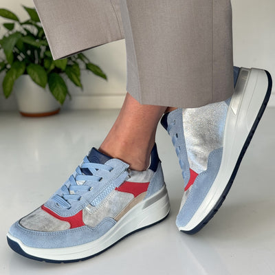 Womens ara 57702 Blue And Silver Garda Wedge Trainer with Zip and Lace - Blue And Silver