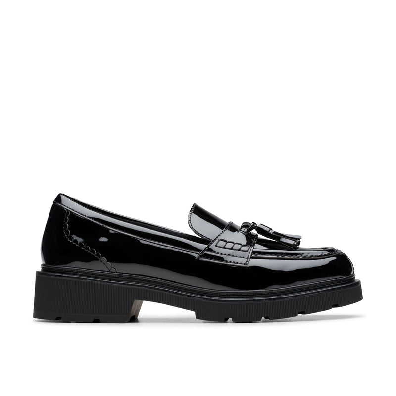 Girls Clarks Lauryl Tassel School Shoes - Black Patent