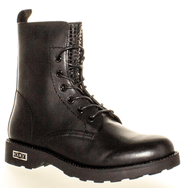 Womens Cult Ladies Zeppelin Black Diamante Biker Boots - Black
