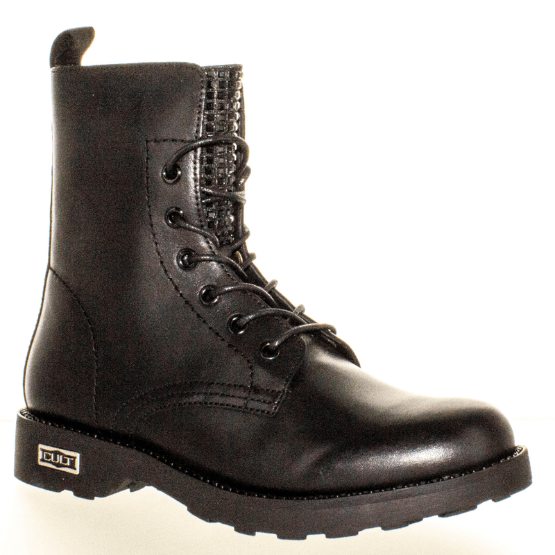 Womens Cult Ladies Zeppelin Black Diamante Biker Boots - Black