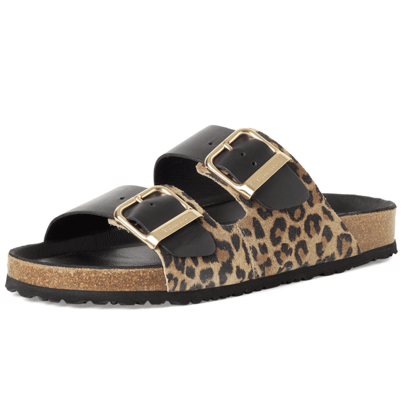 Womens Tamaris 27543 Black and Leopard Double Buckle Sliders - Black