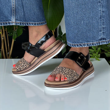 Womens Remonte D1J53 Black and Leopard Print Velcro Flatform Sandals - Black