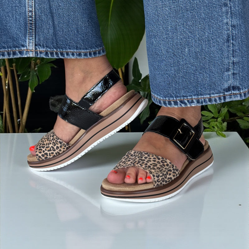 Womens Remonte D1J53 Black and Leopard Print Velcro Flatform Sandals - Black