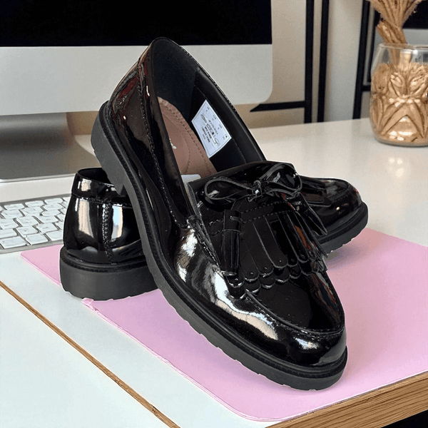 Girls Hush Puppies Verity Kiltie Black Patent Loafers School Shoes - Black Patent