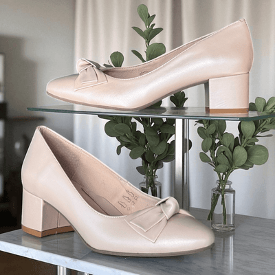Womens Emis Ladies Bow Detail Block Heels - Pearl Beige
