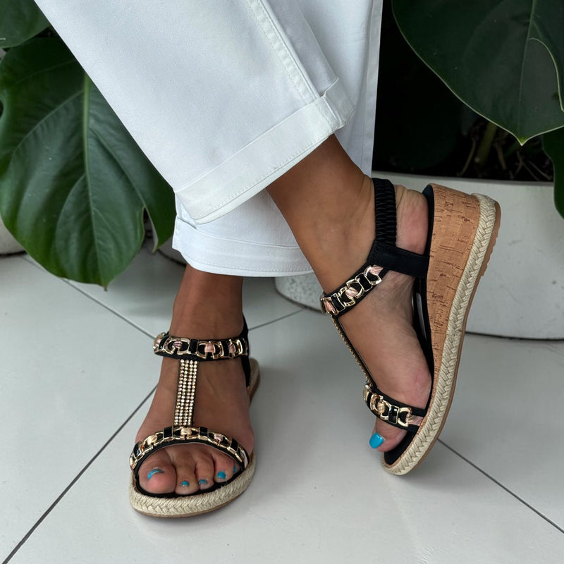 Womens Susst Krystal T-Bar Wedge Sandals - Black