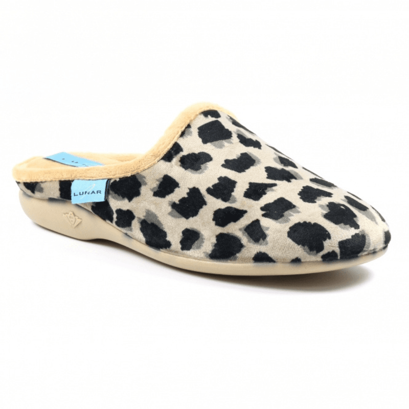 Womens Lunar Fleet Beige & Animal Print Mule Slippers - Beige & Animal Print
