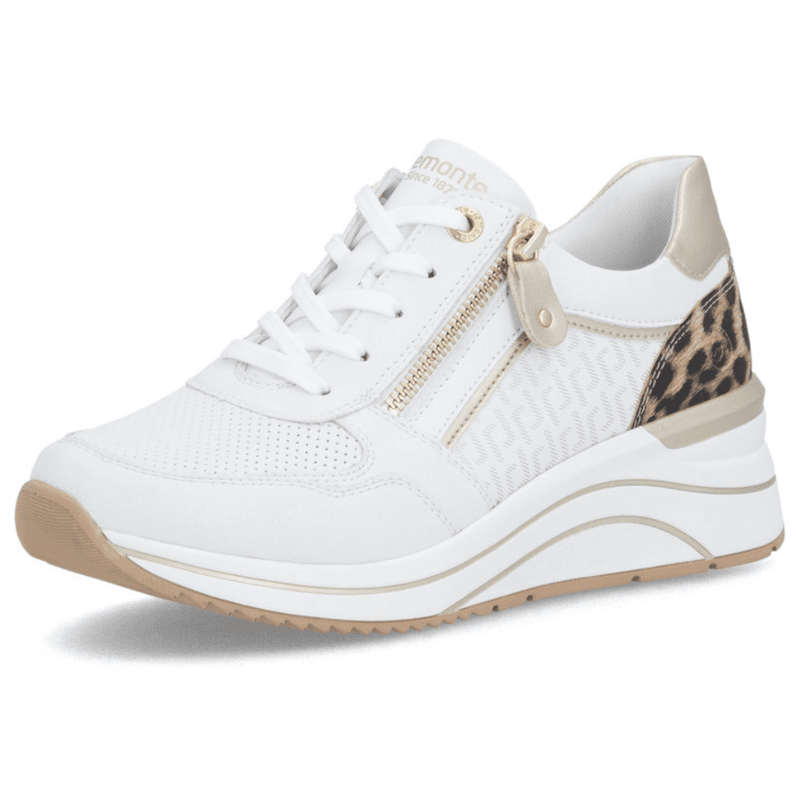 Womens Remonte D0T10 White Multi Side Zip Wedge Trainers - White Gold Leopard