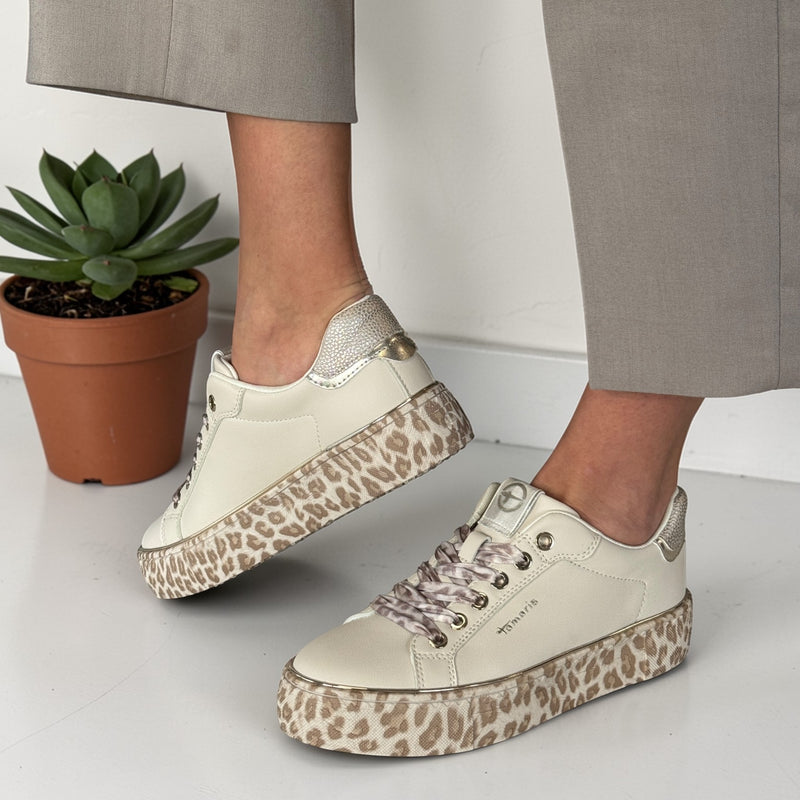 Womens Tamaris 23751 Off White with Leopard Sole Trainers - Off White